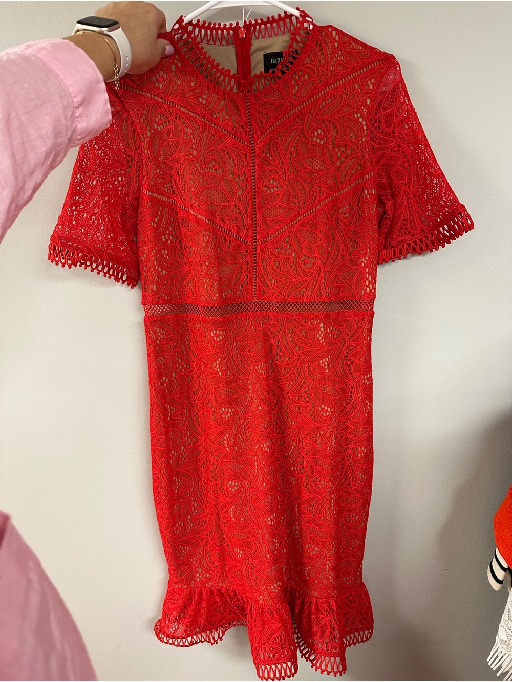 Bardot Red Lace Dress with Cutouts and Ruffled Hem and Arms